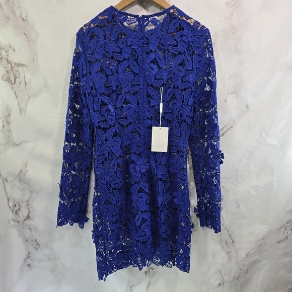 Self Portrait Dress Womens 8 Blue 3D Lily Mini Lace Crochet Zip Floral Royal - Picture 7 of 14